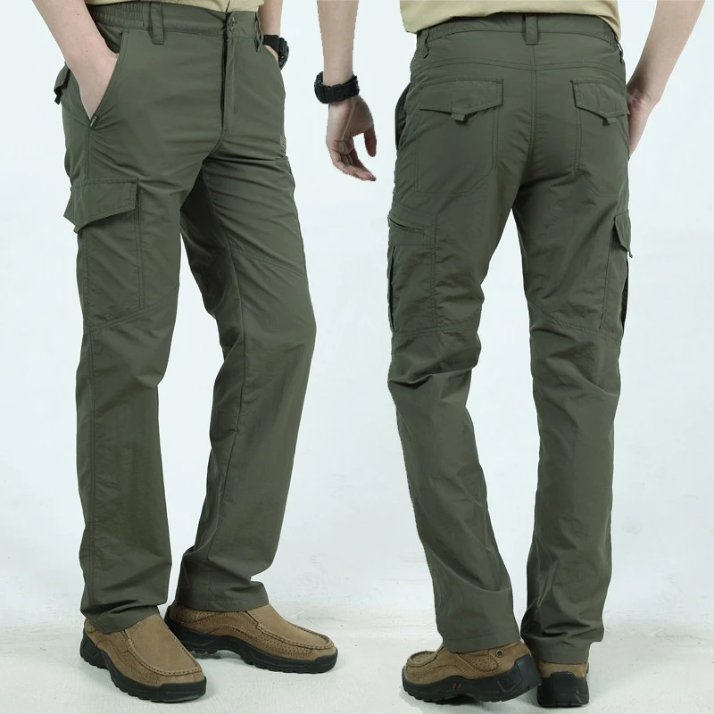 Calça cargo tática masculina de verão, leve, casual, à prova d'água, resistente ao desgaste, multibolsos, caminhadas ao ar livre