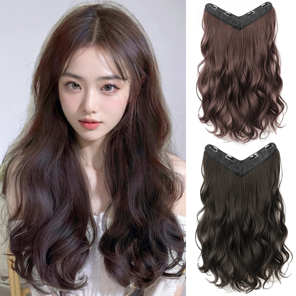 Pedaço de extensão de cabelo ondulado em forma de v sintético natural em torno da peça da peruca sanduída a mulher acessórios de cabelo encaracolado