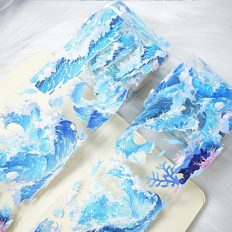 2 M/ม้วน 7 ซม.Sea Wave PET เทปเลเซอร์สีฟ้า Masking เทปสําหรับสติกเกอร์ Scrapbooking Journal ความงามเครื่องเขียน