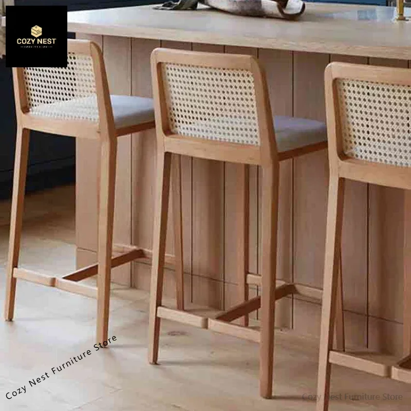 Nordic madeira maciça cadeira de barra moderna e minimalista casa luz luxo cadeiras de barra rattan tecido encosto bancos altos móveis)