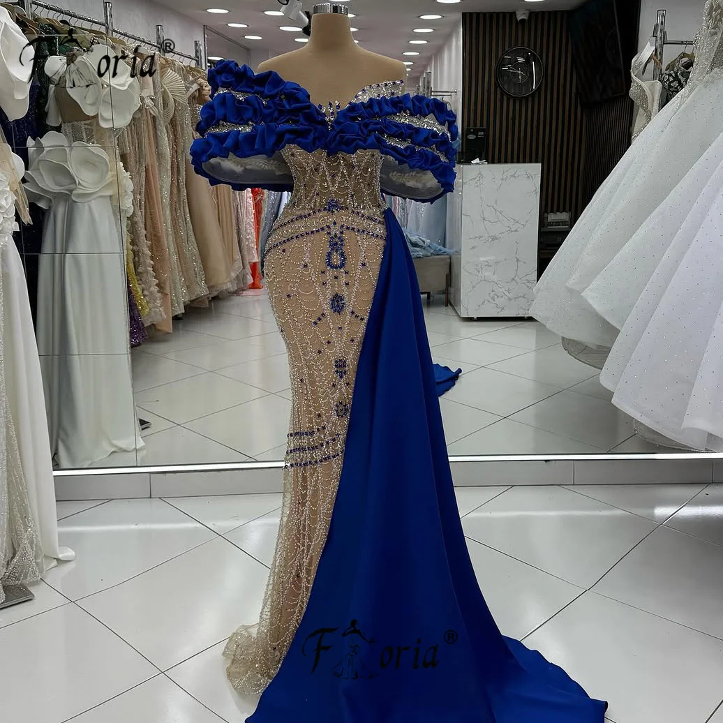 Elegantes blaues Ballkleid 2025, Perlen, Kristall, gerüschte Schulter, formelles Abendkleid, individuelle Roben, Longues Soirées Donggante 2025