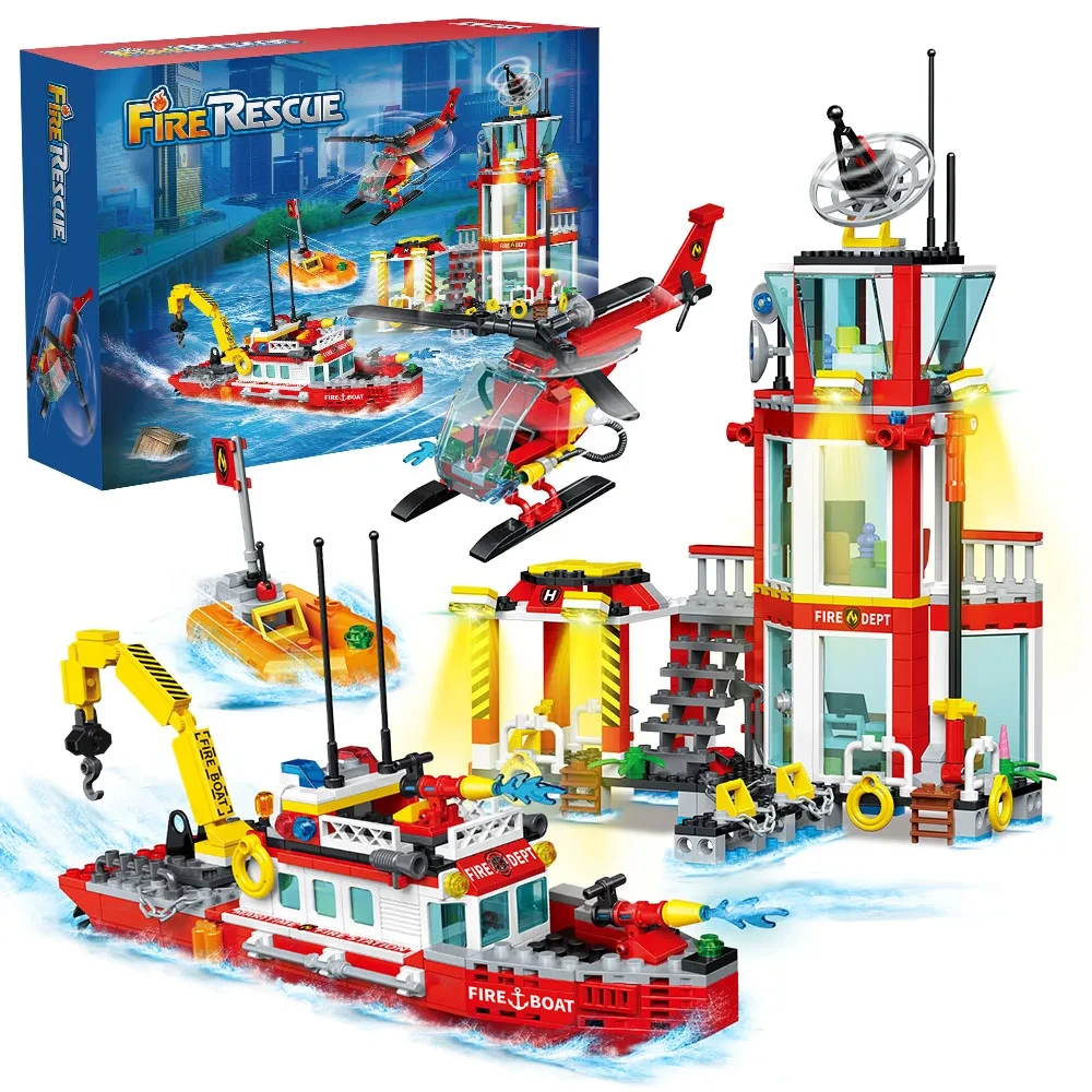 Estação de bombeiros cidade océanos blocos compatível conjunto de bombeiros com estação de bombeiros helicóptero barco de resgate de bombeiros