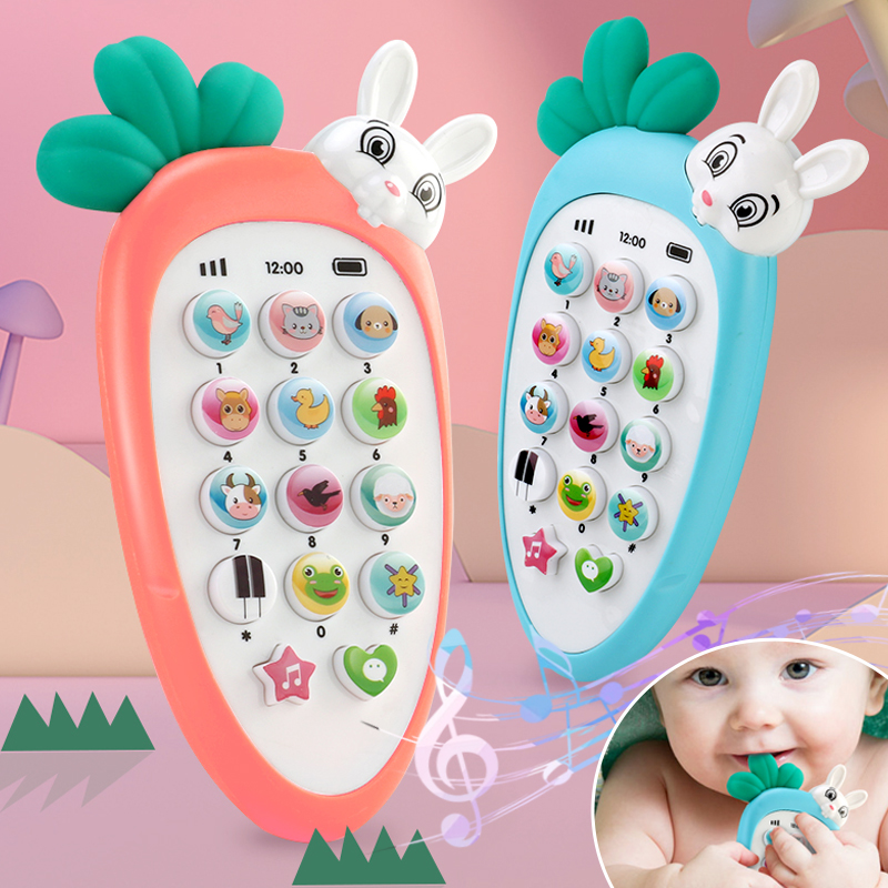 Silicone Simulação Música Telefone Brinquedos, Coelho criativo dos desenhos animados, Pode mastigar telefones celulares, Bebê Educação Aprendizagem Adereços Presentes