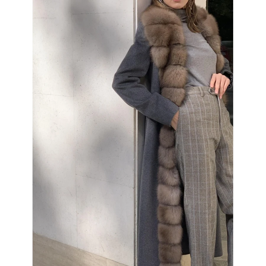 Damen Woll misch mantel mit Fuchs pelz Kaschmir Woll mantel Winter lange echte Fuchs Pelzmantel Luxus Neuankömmling 2024