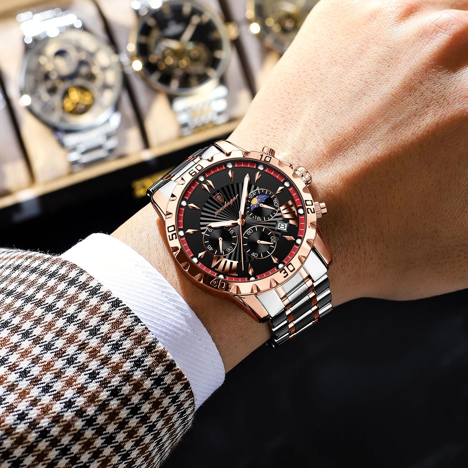 Reloj POEDAGAR de lujo de alta calidad para hombre, cronógrafo luminoso resistente al agua con fecha, reloj de cuarzo de acero inoxidable para hombre