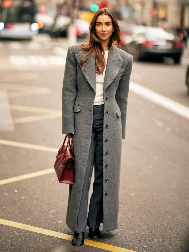 Mode Taille Cinching Woolen Lange Mäntel Für Frauen Revers Langarm einreiher Schulter Pad Mantel Neue Dame Pendler outwear