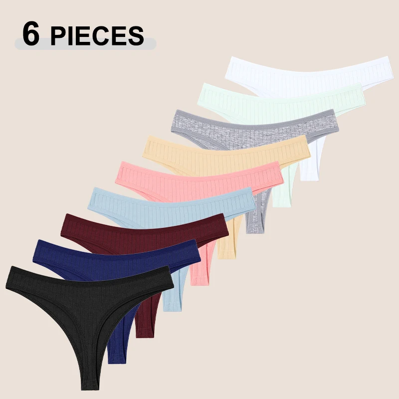 6 unids/set de tangas de tela de algodón para mujer, bragas femeninas acanaladas de tiro bajo, Tanga para mujer, Bikini Sexy de Color sólido, ropa íntima suave S-XL