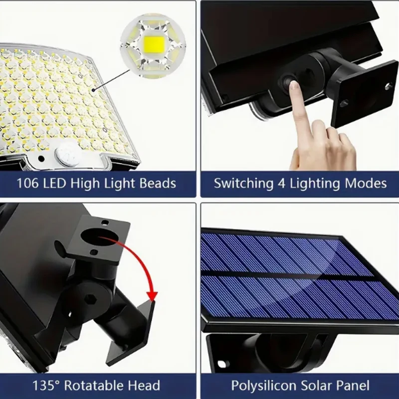 ไฟโซลาร์เซลล์กลางแจ้ง 1 ชิ้น 106 LED สว่างพิเศษ พร้อมเซ็นเซอร์ตรวจจับความเคลื่อนไหว ไฟ LED โซลาร์เซลล์ IP65 กันน้ำ 3 โหมดแสง สำหรับสวนและผนัง