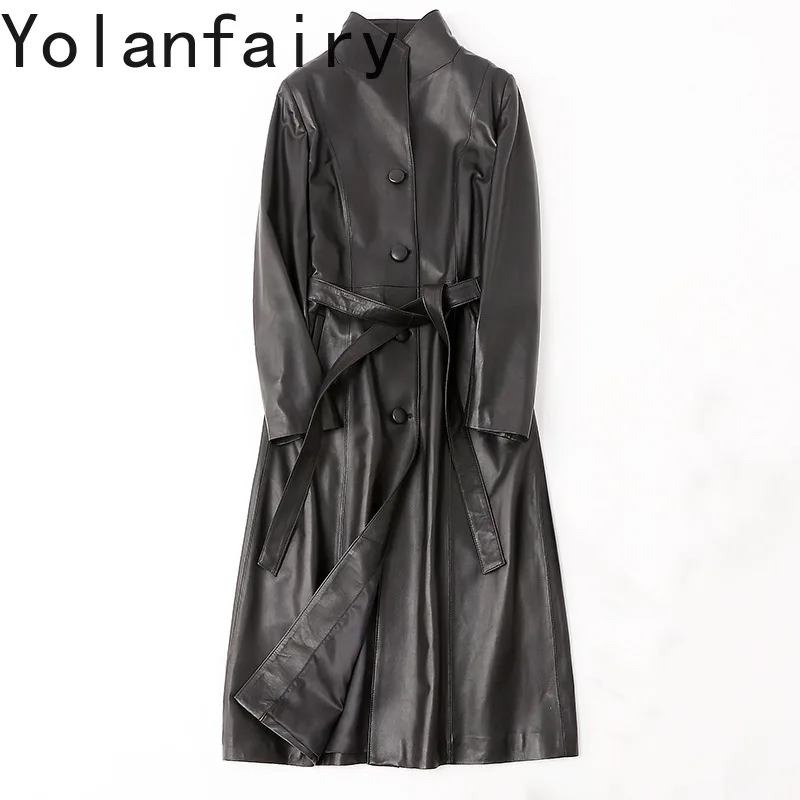 YOLANFAIRY Echtes Leder Schaffell Frauen Jacke Casual Alle Saison Lange Graben Gürtel Outwears Slim Fit Jaqueta De Couro Feminina