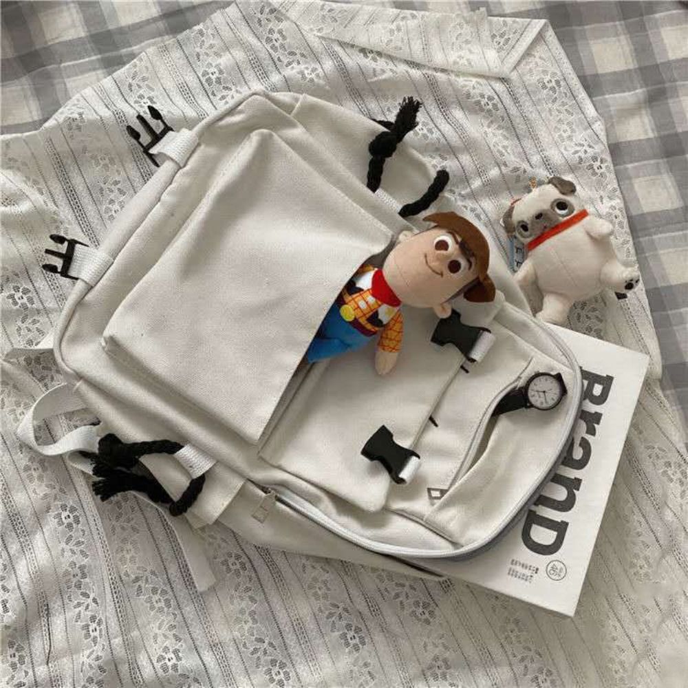 Women's Korean Version Canvas Schoolbag Men's Casual Solid Color Backpack Travel School Shoulder Bag