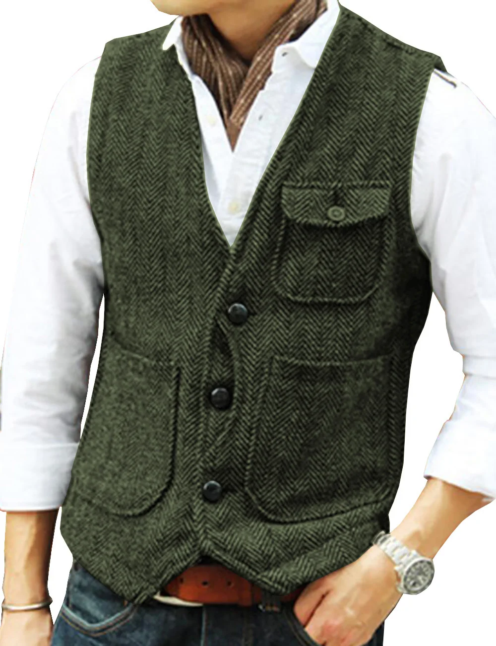 Herringbone ชายเสื้อสูทธุรกิจเสื้อกั๊ก Herringbone Tweed V คออย่างเป็นทางการเสื้อกั๊กสําหรับงานแต่งงานหรือ Tuxedo ชายเสื้อกั๊ก