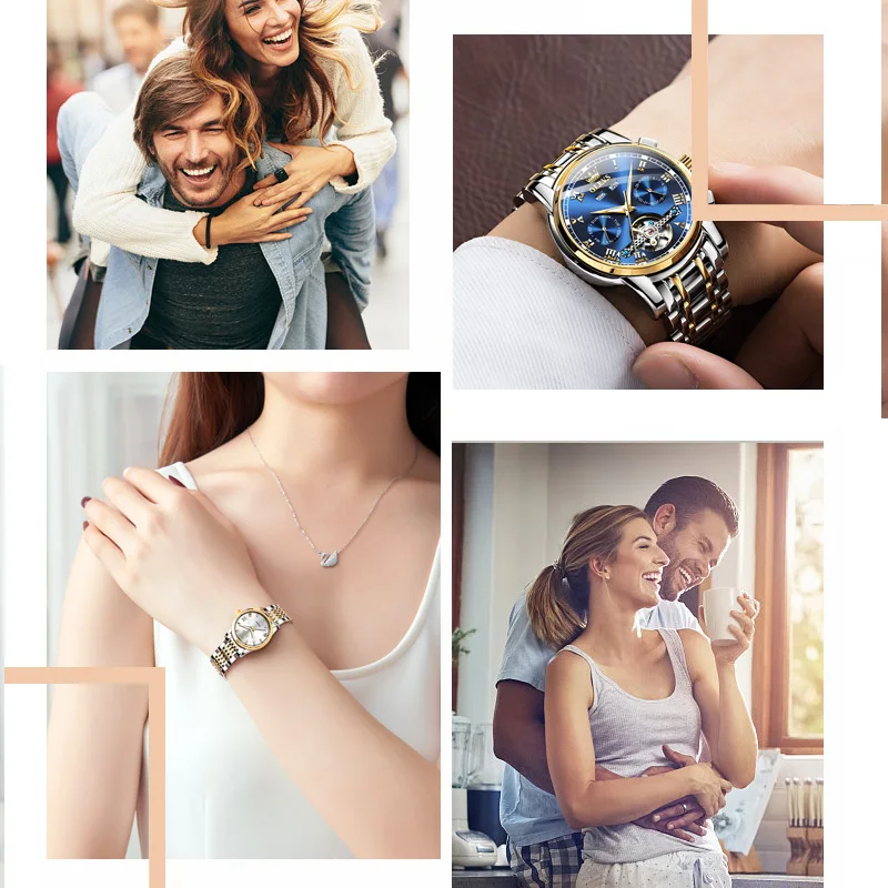 OLEVS, reloj Original de marca de lujo para parejas, correa de acero inoxidable, reloj mecánico completamente automático resistente al agua, reloj romántico para amantes