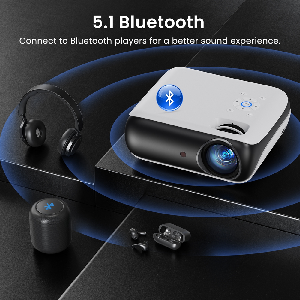 Proiettore Bluetooth HAPPRUN nativo 1080P, proiettore cinematografico portatile per esterni Full HD con altoparlante incorporato, con HDMI, USB, AV