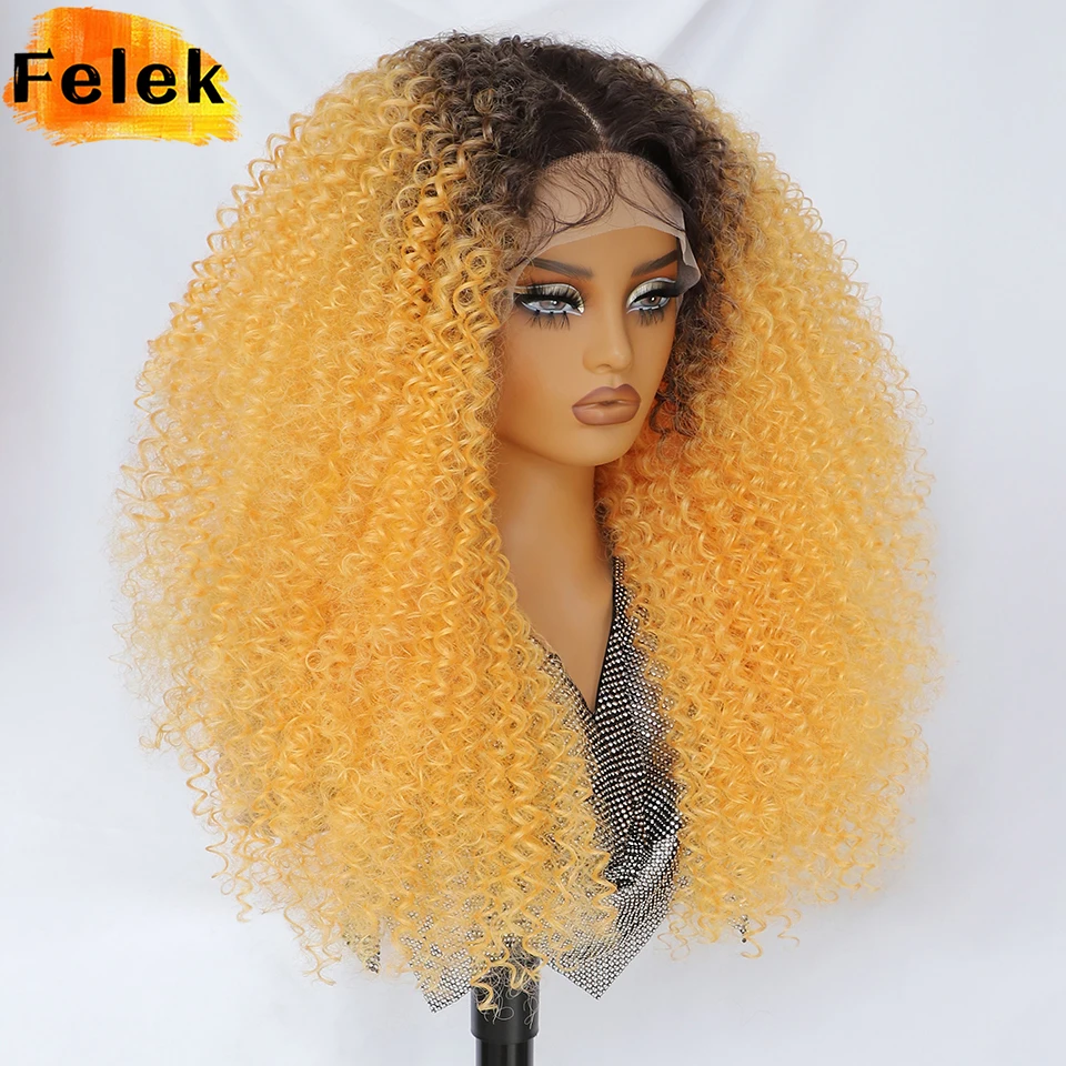 Longo afro kinky encaracolado peruca sintética 24 Polegada jerry onda parte profunda perucas dianteiras do laço para o sexo feminino ombre azul cobre 613 destaque perucas