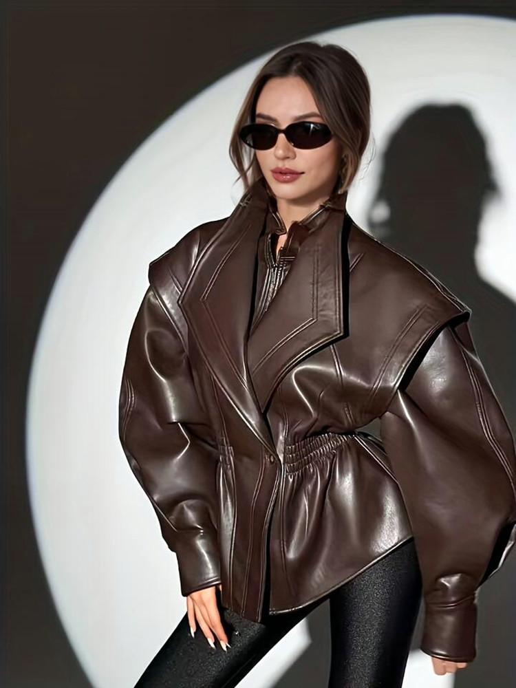 Novo outono inverno high street quente marrom zíper jaqueta de couro do plutônio feminino casual lapela cintura elástica cinching casaco outwear roupas