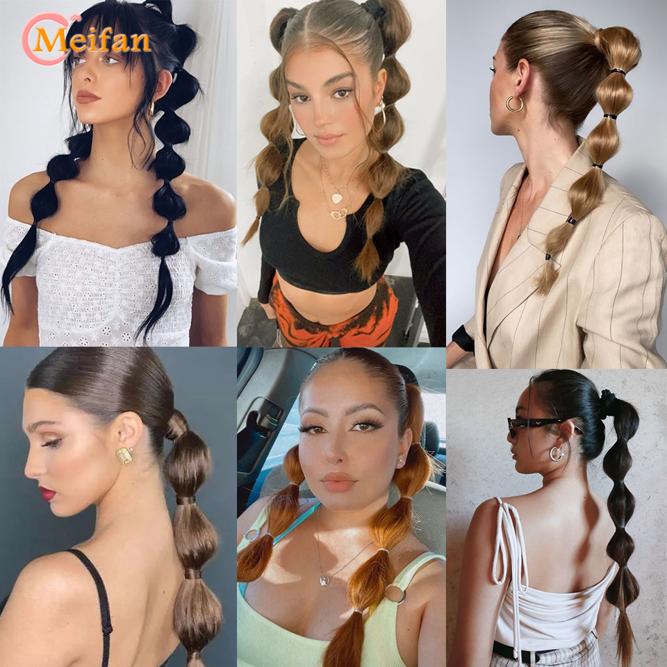 MEIFAN สังเคราะห์ผมยาวโคมไฟ Bubble หางม้าคลิปในสายรัดสีน้ําตาล Bubble Braids ธรรมชาติปลอม PONY TAIL Hair Extensions