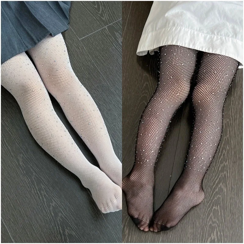 Collant attillati per bambini estivi Pantaloni con diamanti a rete scintillanti carini per bambini Leggings da ballo latino vuoti Regalo per ragazza