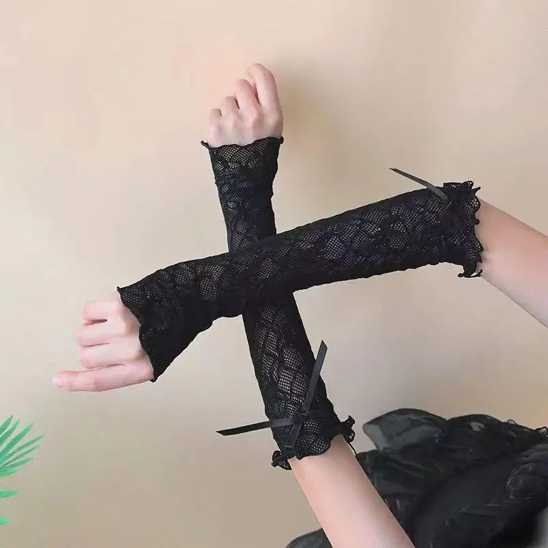 Guantes Y2k con volantes de encaje, guantes sin dedos, mitones JK Lolita Kawaii para mujer, malla de rejilla con lazo, guantes blancos y negros, protección UV
