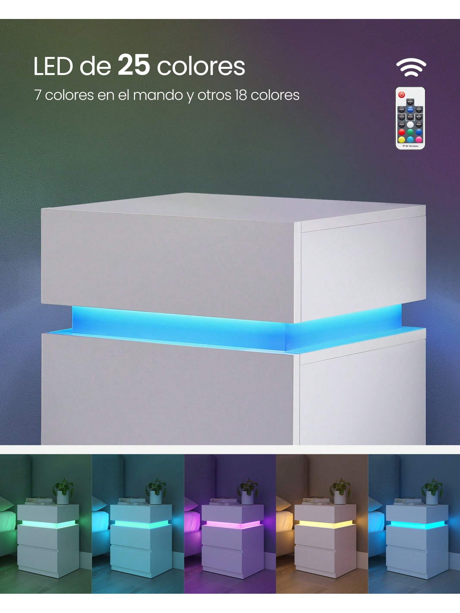VASAGLE Mesita de Noche con Tira de Luz LED Multicolor Variable, 3 Cajones, Mesa Auxiliar, Estilo Moderno, 35 x 40 x 55 cm, Negro con Veta de Madera/Blanco