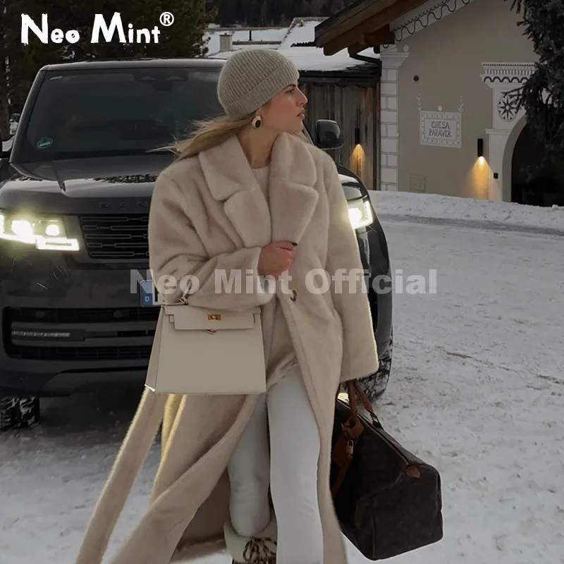 Neo mint com cinto falso casaco de pele de vison feminino 2025 inverno bege gradiente jaqueta de pele peluda marca de luxo com capuz quente outerwear casaco