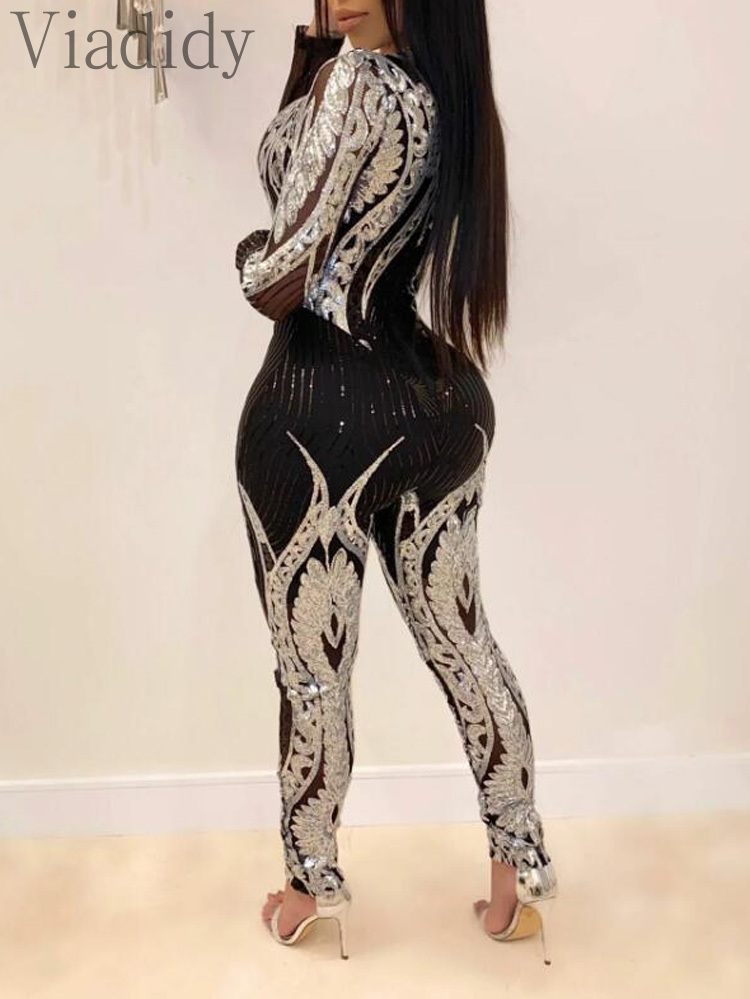 Frauen Sexy Sheer Mesh Patchwork Pailletten Dekor Bodycon Overall