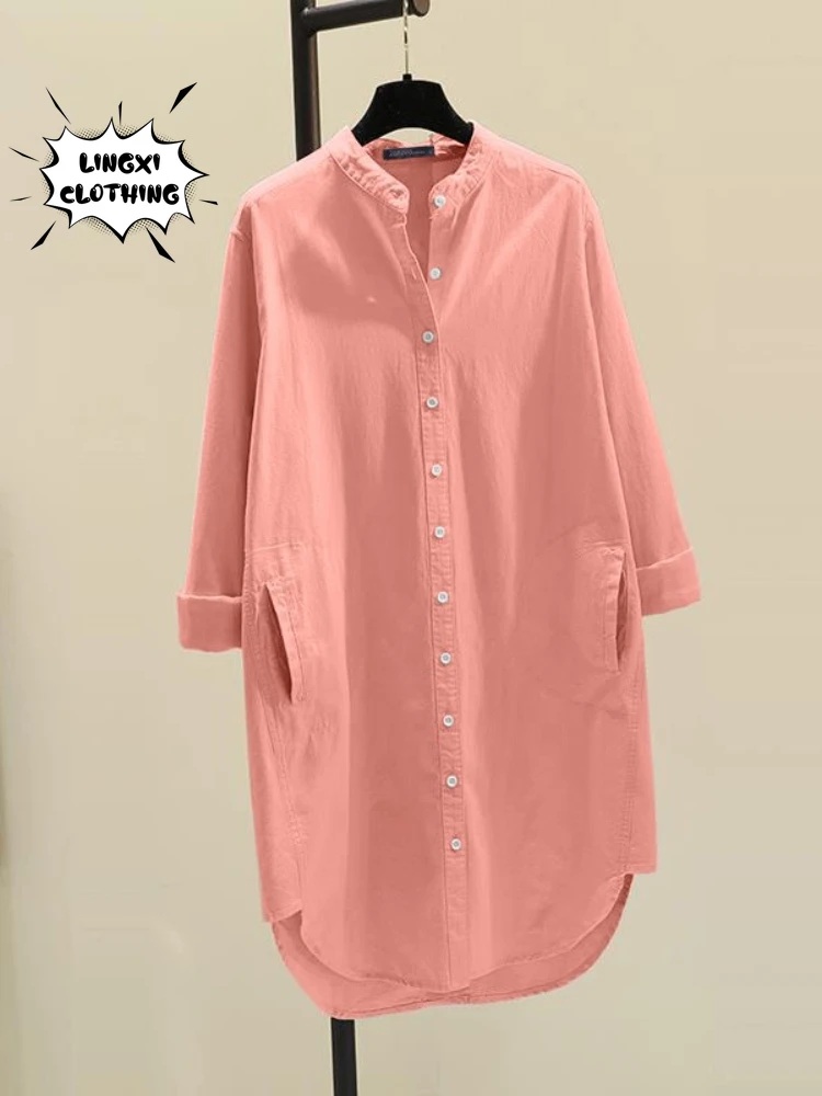 Modna nowa elegancka trwała bawełna lniana koszula damska jednorzędowa z okrągłym dekoltem swobodna koszula w stylu średniej długości