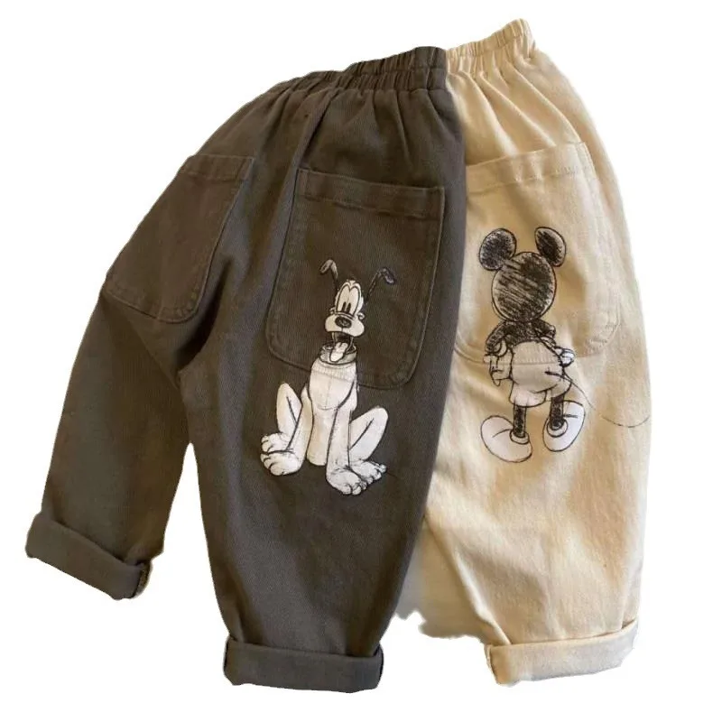 ฤดูใบไม้ผลิฤดูใบไม้ร่วงเด็กทารกตรงกางเกงเด็กใหม่การ์ตูน Mickey Mouse เย็บปักถักร้อยกางเกงยีนส์กางเกงเด็กกางเกงสบายๆ K2924