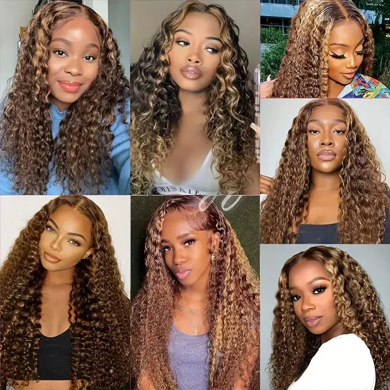Highlightน้ําผึ้งสีบลอนด์Water Waveลูกไม้ด้านหน้าด้านหน้ามนุษย์Wigs 13X4 โปร่งใสลูกไม้ด้านหน้าวิกผมDeep Curly Ombre 4/27 วิกผมลูกไม้