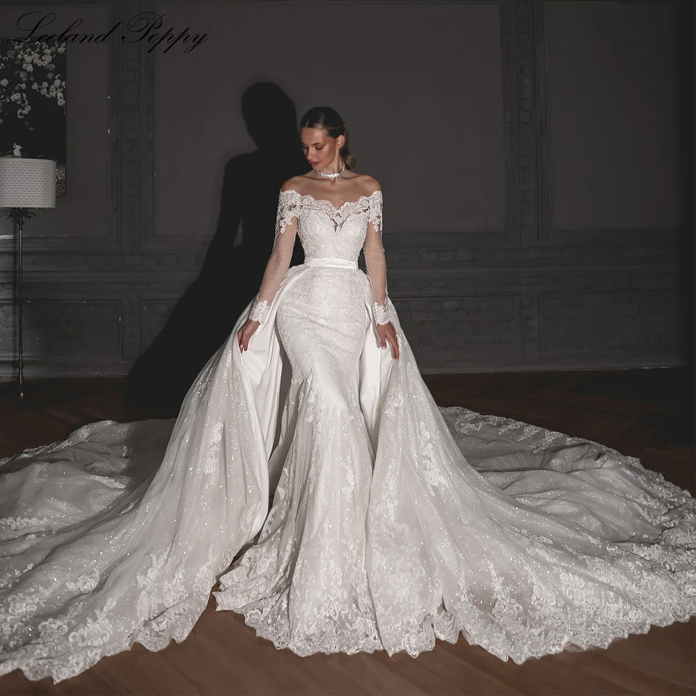 Lceland Poppy personnalisé col bateau sirène dentelle robes de mariée perles Appliques manches longues robes de mariée avec train détachable