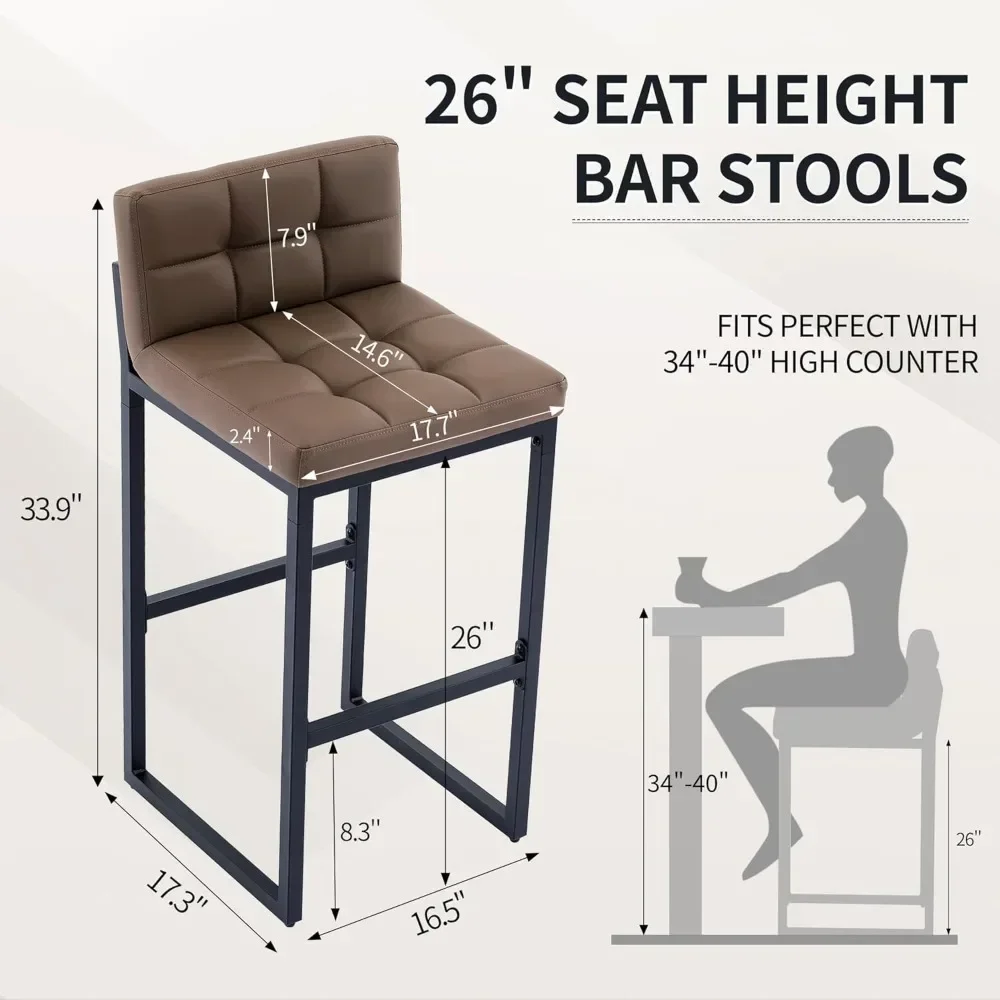 Bar Stools , Upholstered PU Leather Counter Height Barstools with Low Back and Thickened Metal Legs, Modern Chairs