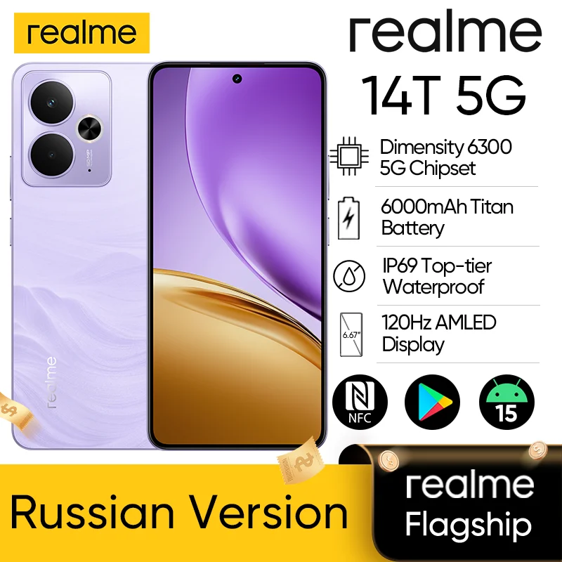 Global Version realme 14T 5G Smartphone MediaTek Dimensity 6300 6.67“ OLED Display 6000mAh Battery Next AI IP69 Water Resistant