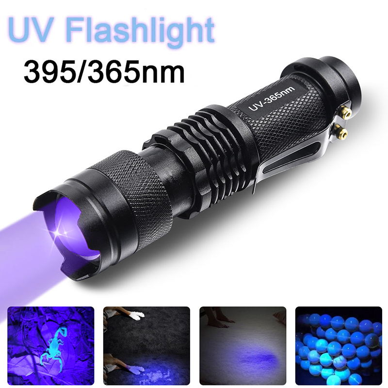 Linterna LED UV 365nm 395nm luz negra escorpión luz UV Detector de orina de mascotas con zoom ultravioleta iluminación para acampar al aire libre