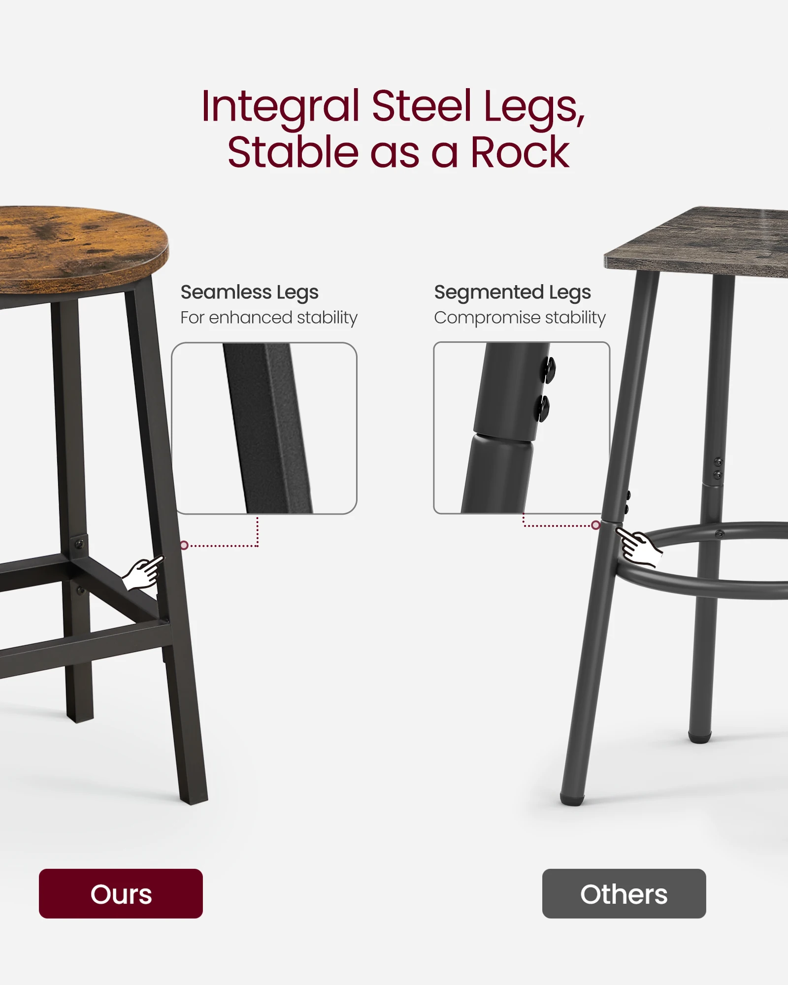 VASAGLE Bar Stools Set of 2, Kitchen Stools, Bar Chairs with Metal Frame and Footrest, Easy to Assemble