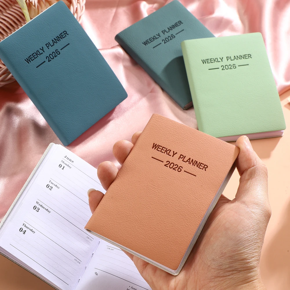 1pc A7 specification 2026 daily plan book, Morandi color PU cover schedule book, 64 sheets 128 page thin weekly calendar book