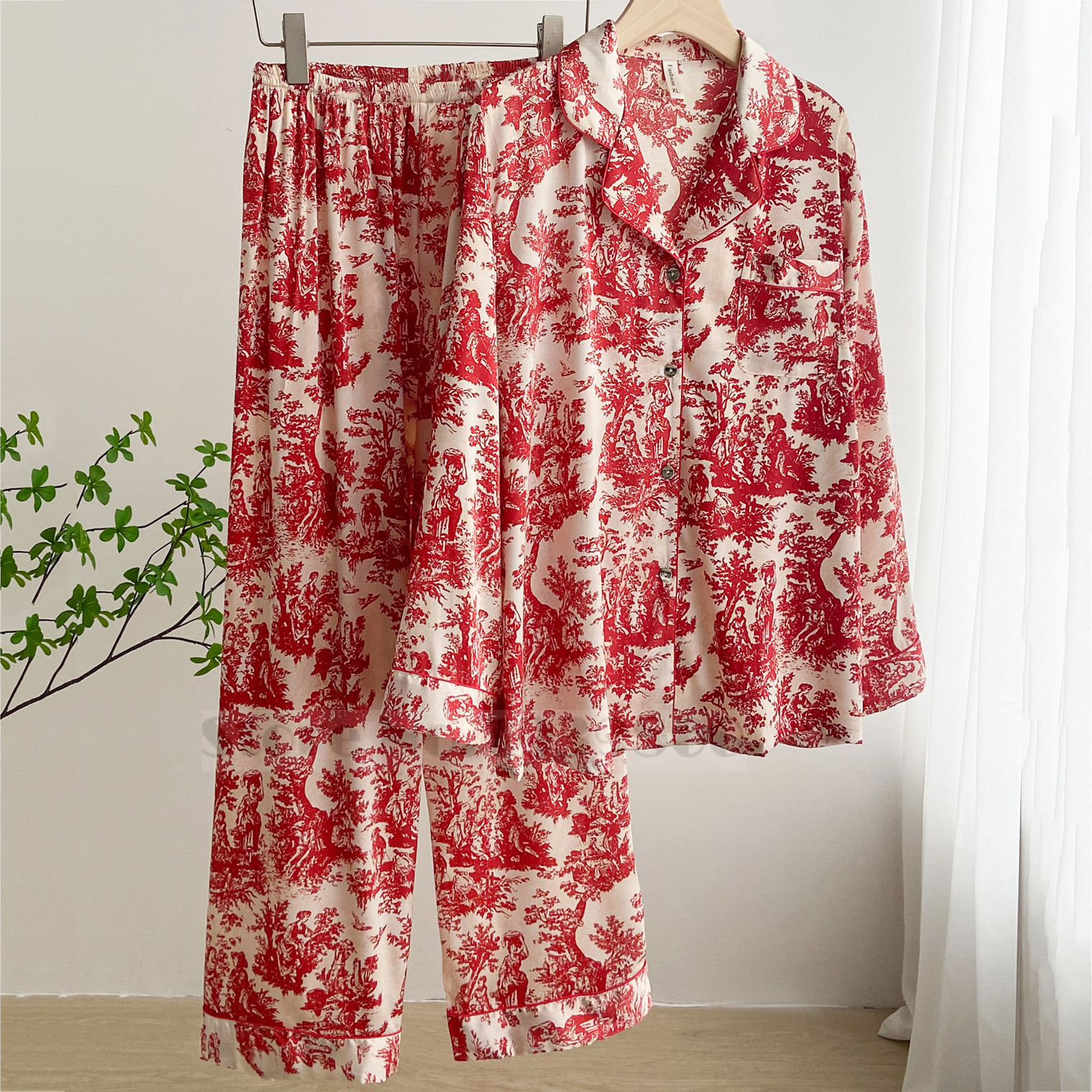 Conjunto de Pijamas con estampado de flores para mujer, ropa de dormir de 2 uds., trajes de pantalón para primavera y verano, ropa de salón, ropa de casa holgada de satén, traje de Pijamas