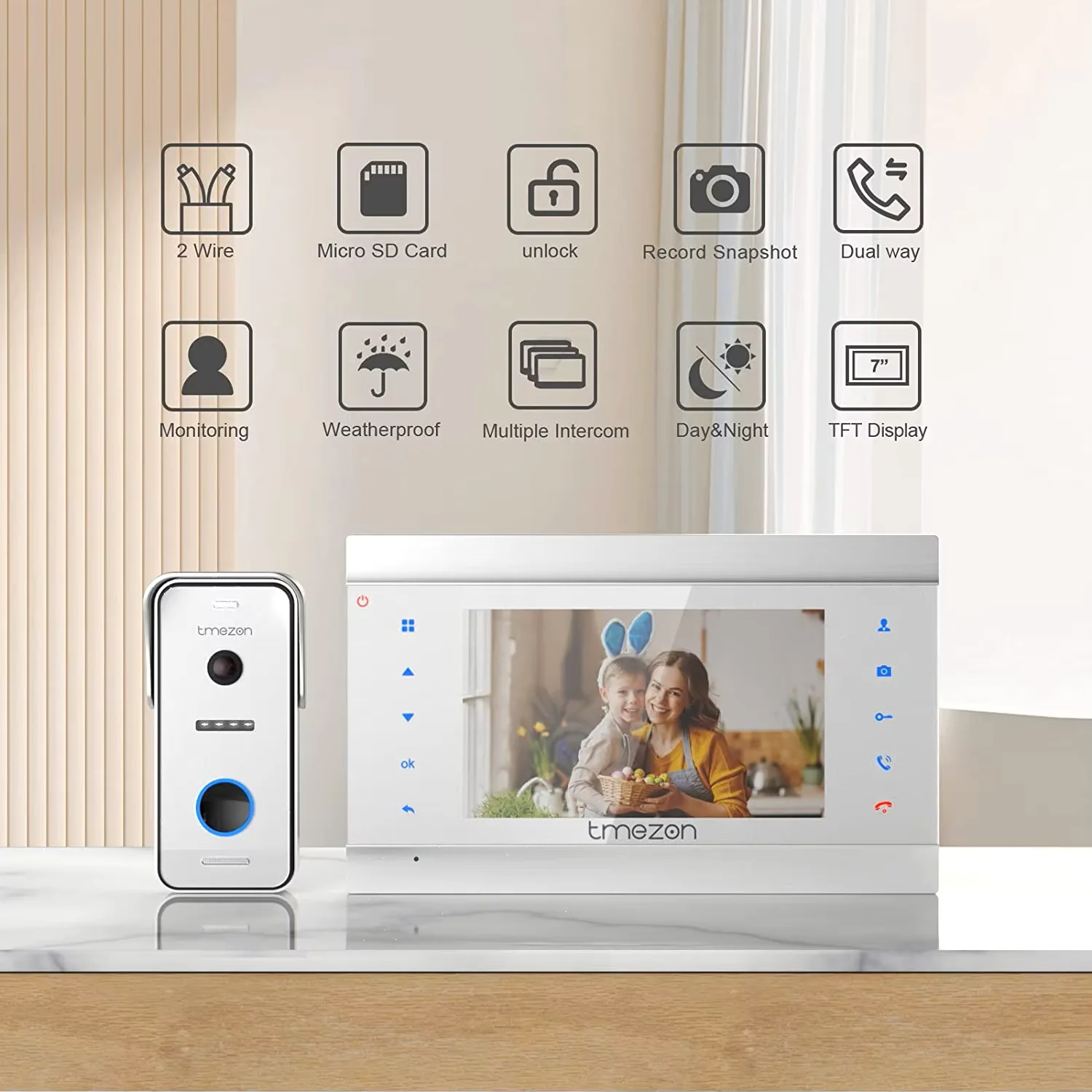 TMEZON Sistema de intercomunicação com campainha de vídeo porteiro de 2 fios, monitor de 7 polegadas com campainha com fio, botão de toque, tirachete/gravação