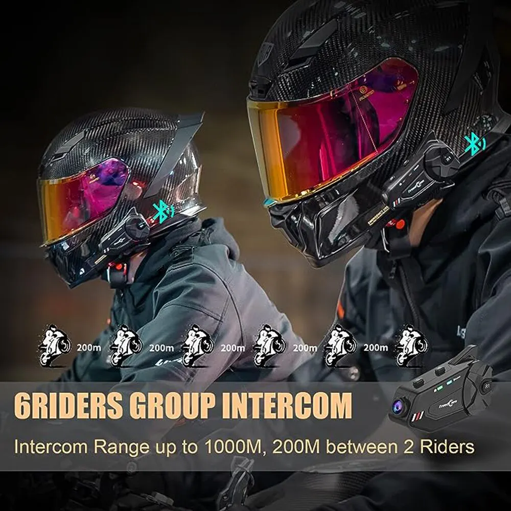 Freedconn r1プラスオートバイインターホンヘルメットダッシュカムBluetoothヘッドセットハンドフリーコミュニケータービデオレコード1080pインターホン