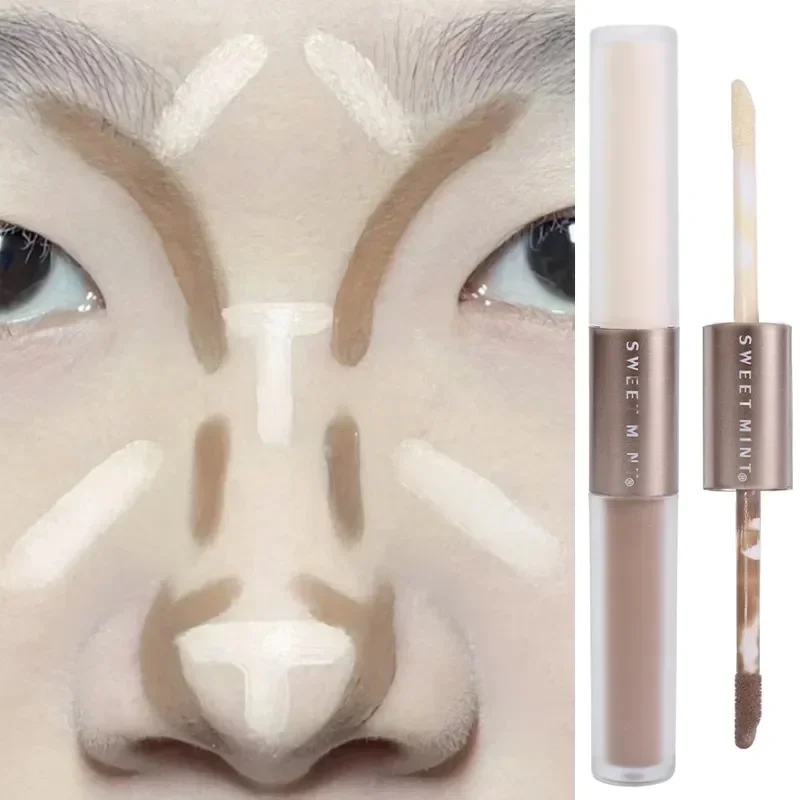 Palo de contorno resaltador de doble punta, lápiz corrector 2 en 1, cemento gris, sombra de nariz tridimensional, bronceadores, lápiz de maquillaje