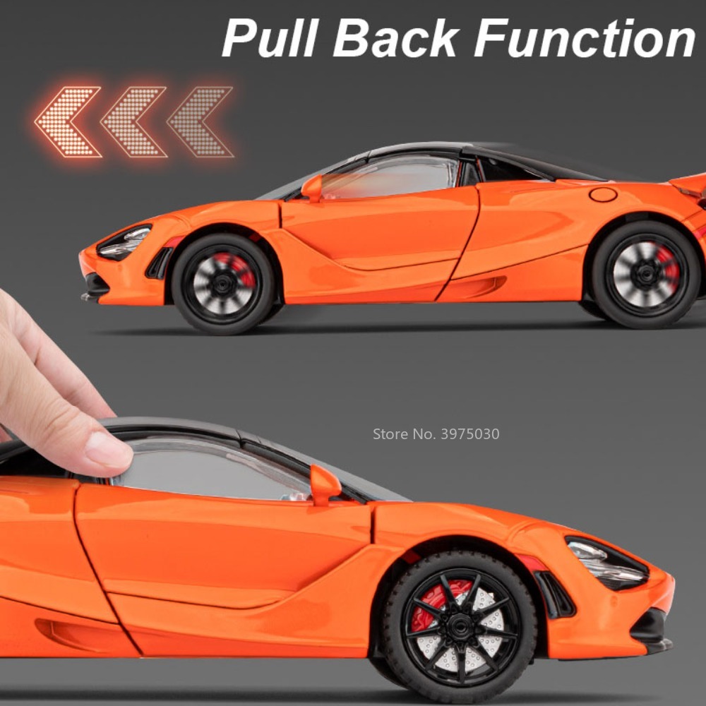 Super Car Model Toy para Crianças, 1:24, 720s, Simulação, Liga, Fundido, Som, Luz, Puxe, Veículos, Modelos, Presentes