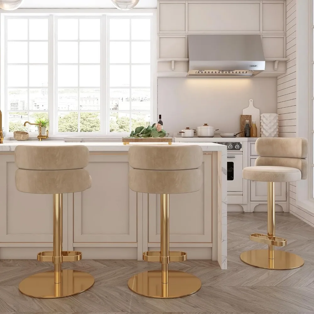 Velvet Bar Stools Modern Swivel Adjustable Height Kitchen Counter Bar Stools with Footrest for Living Room Dining Room (GOLG, Kh
