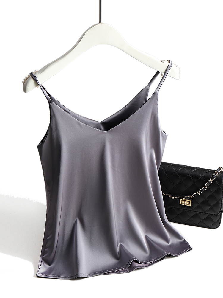 AOSSVIAO 2025 Top con cinturino per spaghetti da donna Halter con scollo a V Basic Cami bianca senza maniche Canotte in raso di seta Canotta estiva da donna