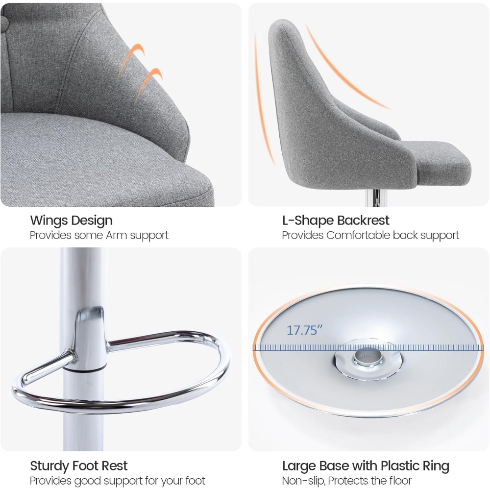 Brage Living Swivel Bar Stool with Back, Adjustable Fabric Tufted Barstool, Upholstered Counter Height Airlift Bar Chair for Kit