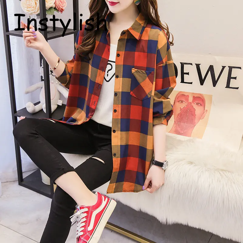 Women Spring Autumn Long Sleeve Loose Blouse Korean Fashion Plaid Lapel Shirt Casual Vintage Harajuku Oversized Tops Y2K New