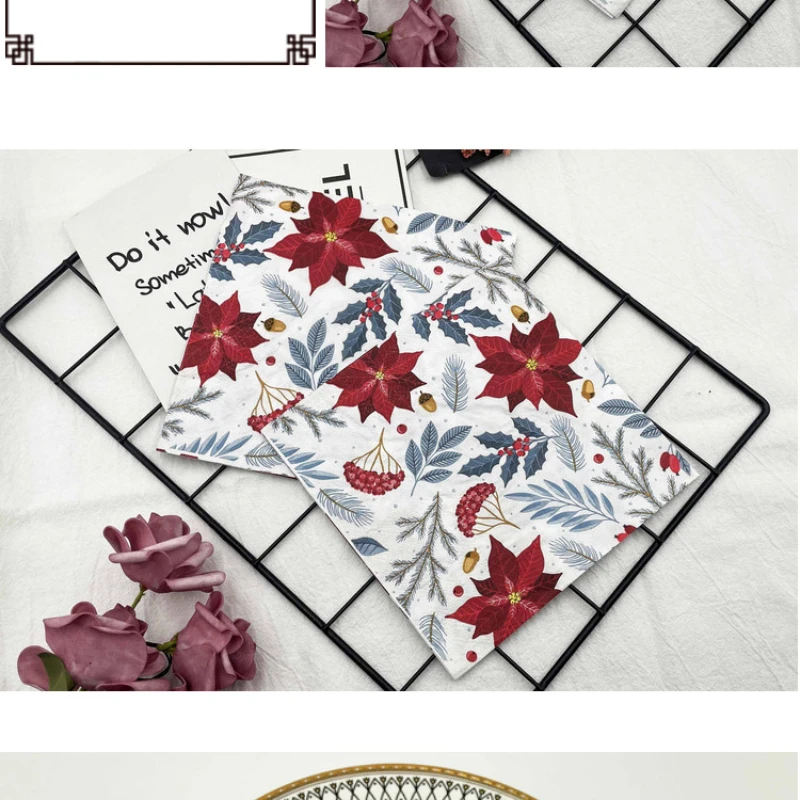 Servilletas de papel con estampado colorido 20 piezas/Pac, manteles individuales desechables de 2 capas con flores de Navidad, pulpa de madera para fiesta