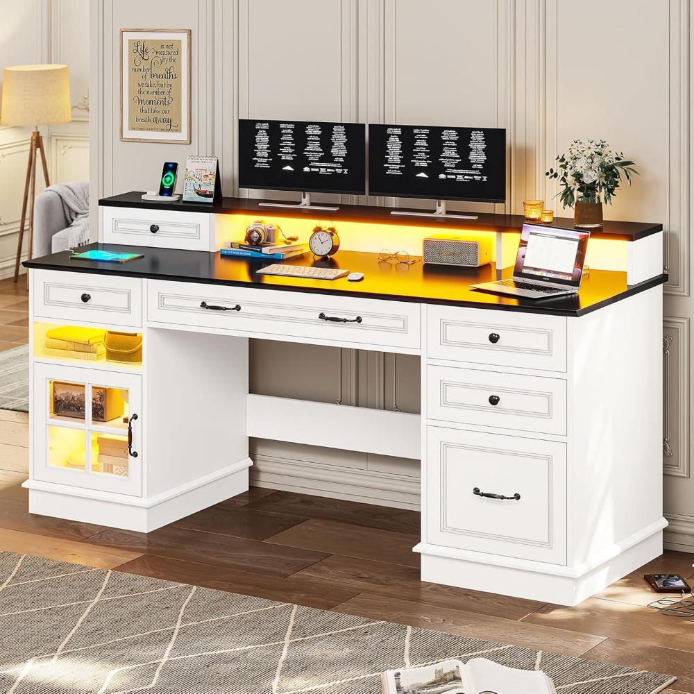 Home Office Desk With Drawers & Storage Cabinet White Writing Desk With Charging Station & LED Lights Computer Gaming Furniture