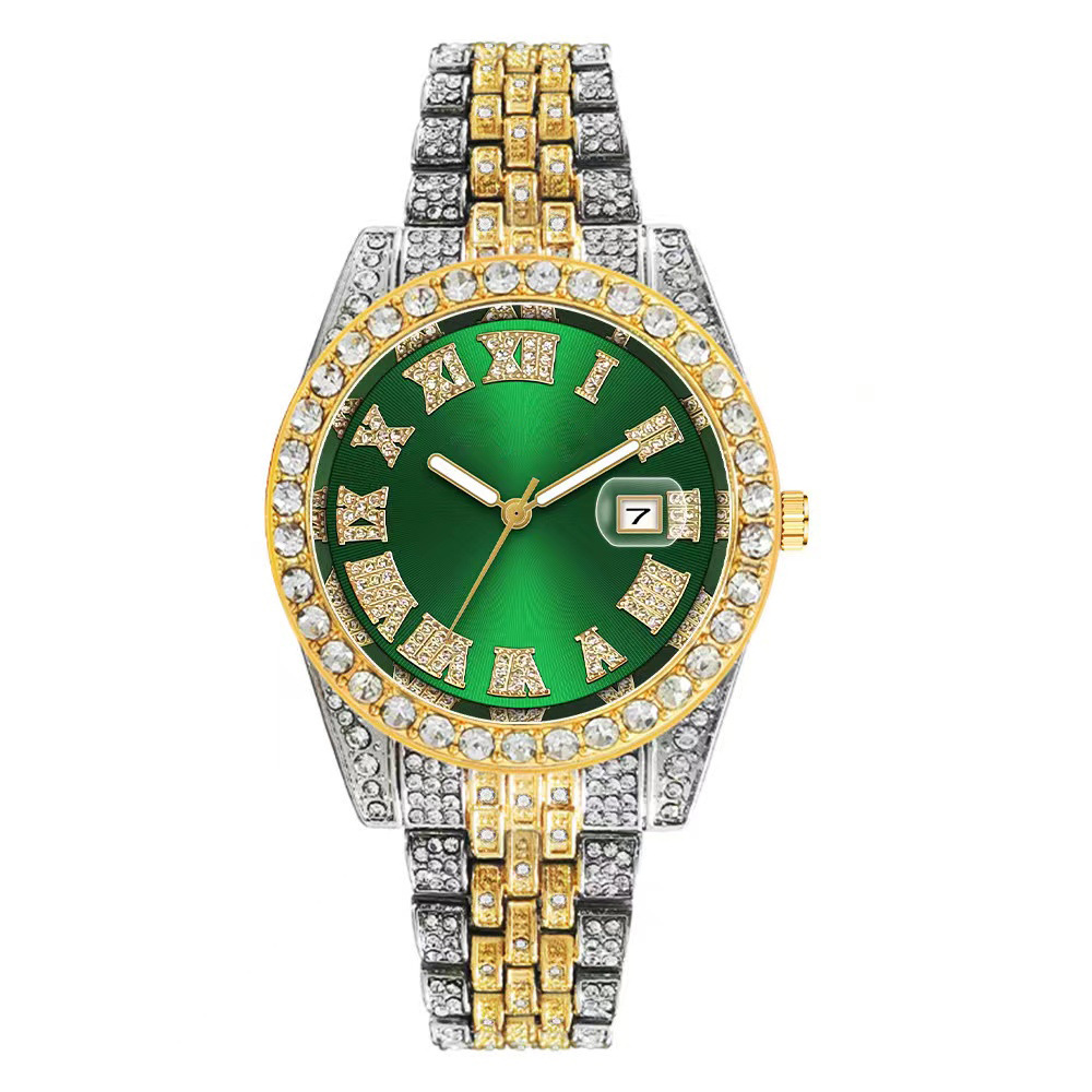 Montre de luxe Hip Hop en acier inoxydable pour hommes, couleur or, calendrier, strass pavés glacés
