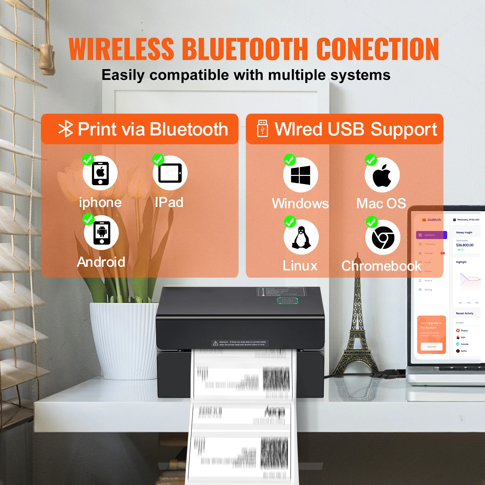 Drukarka termiczna etykiet SucceBuy 300DPI Bluetooth z automatycznym rozpoznawaniem etykiet do pakietów pocztowych 4x6, USB, drukowanie kodów kreskowych i naklejek.