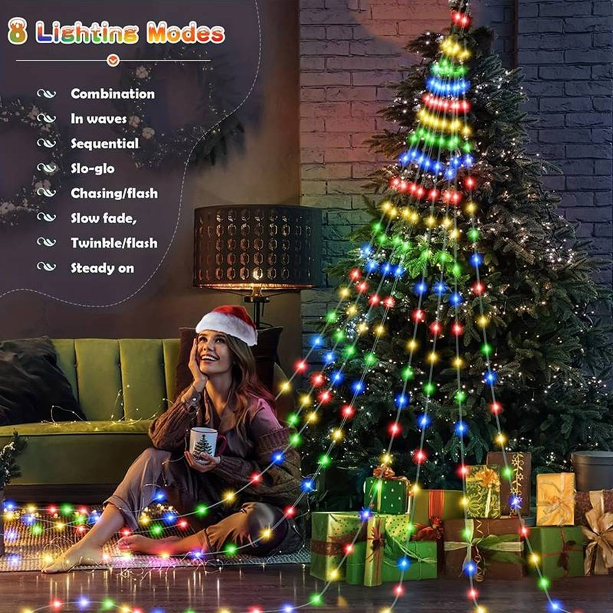 1 unidad de luz de hadas de árbol de cascada 180LED, enchufe USB, 8 modos, cortina de ventana, luz de carámbano para guirnalda al aire libre, decoración de árbol de Navidad