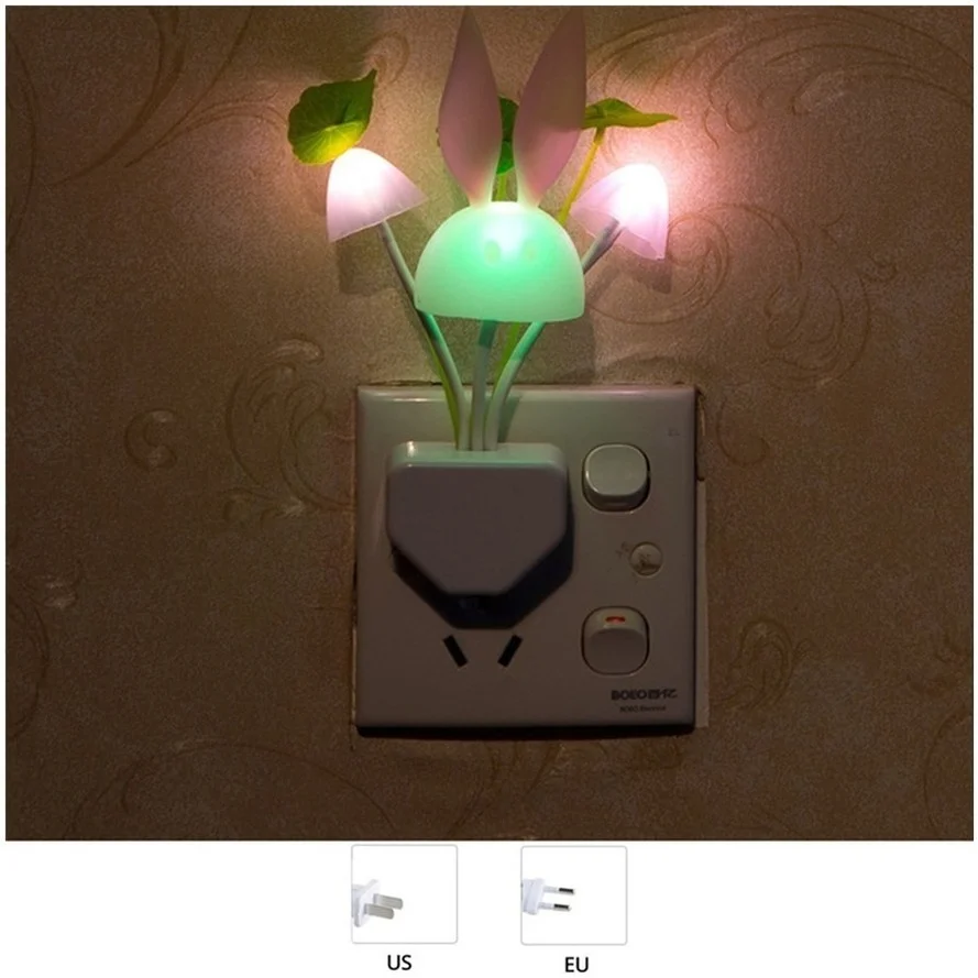 Lámpara de noche LED con Sensor, luz de pared con enchufe europeo y estadounidense, 110V-220V, 3 luces LED de seta para dormitorio de niños