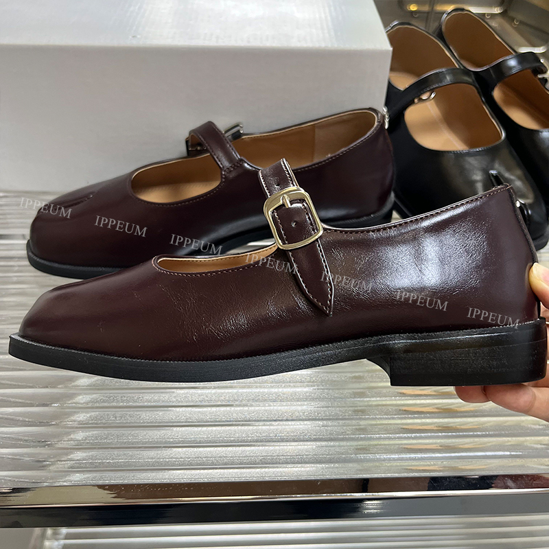 IPPEUM Туфли таби на плоской подошве Туфли с разделенным носком Большие размеры 44, лоферы, коричневые, черные кожаные женские туфли Мэри Джейн